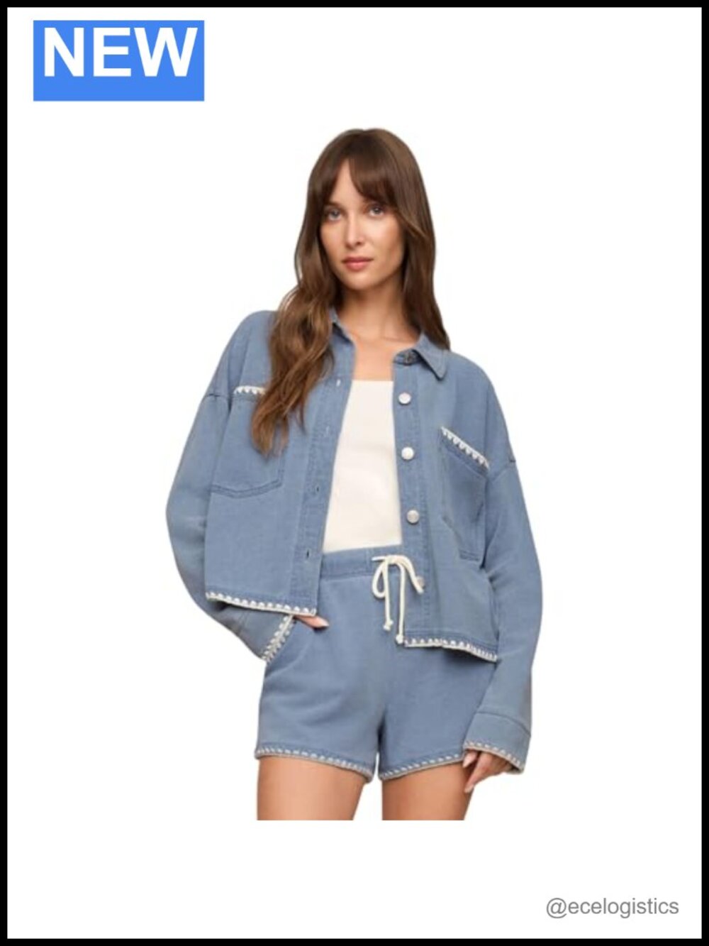 Crop Whipstitch Casual Jacket Cotton Blend Button Front Long Sleeve Patch